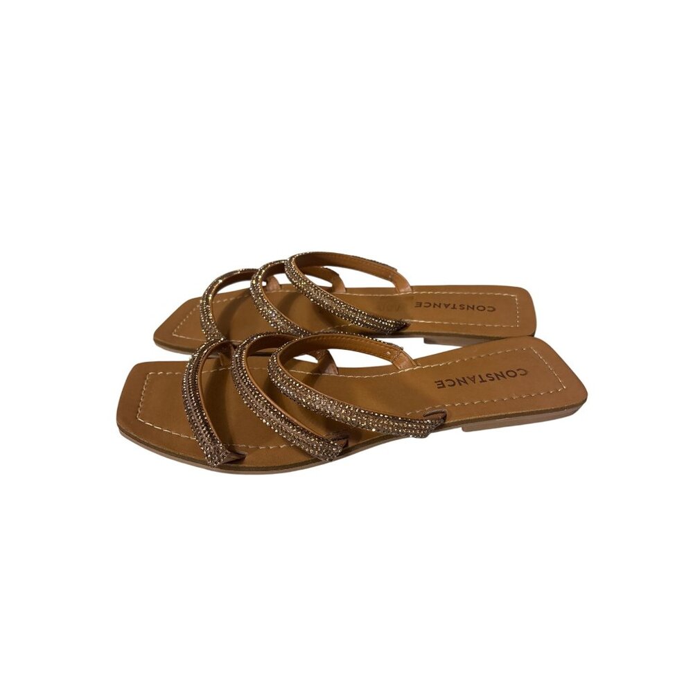 Rhinestone Embellished Tan Square-Toe Flat Sandals By Constance Size 7 USA 38 EU